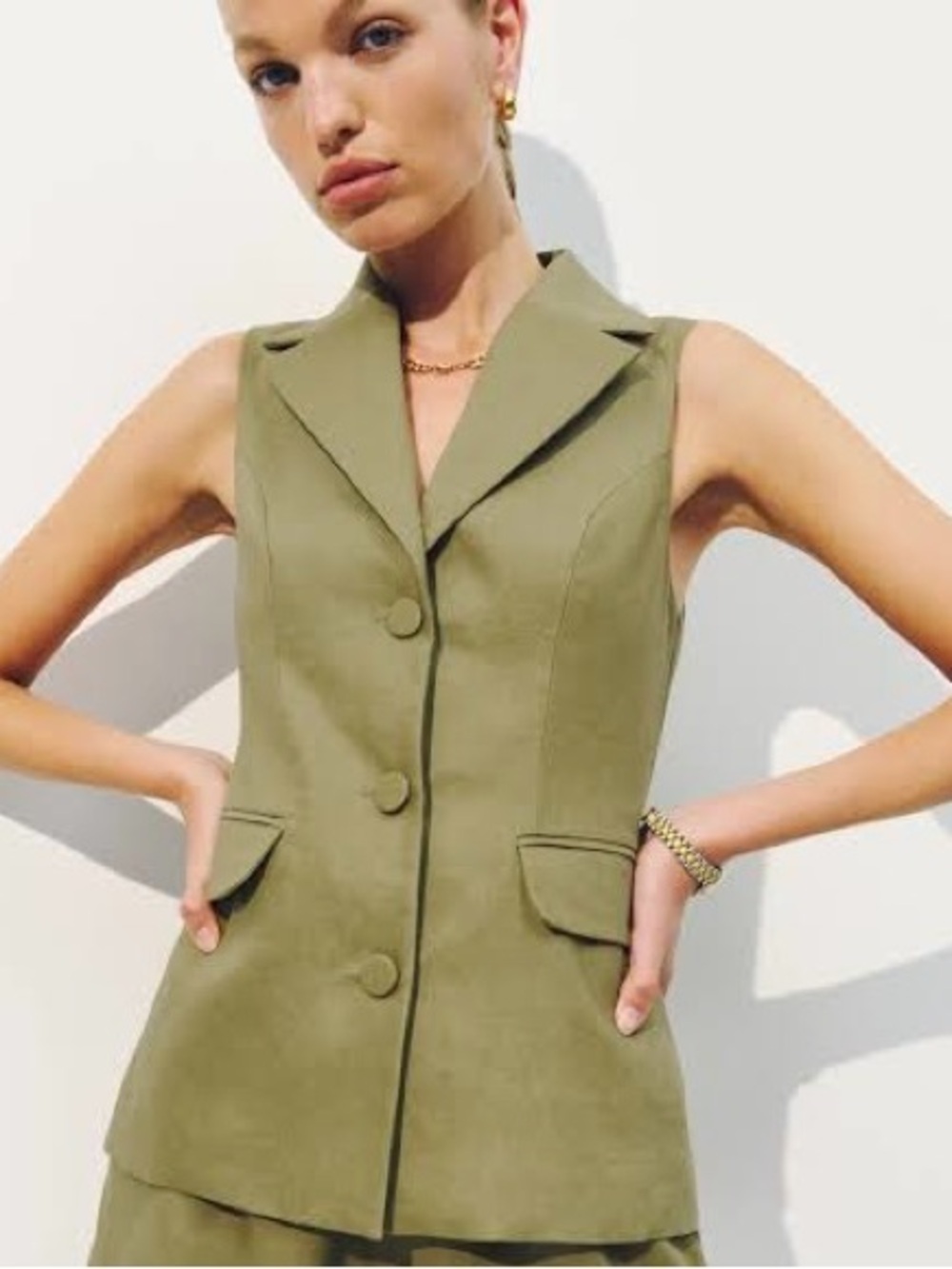 Reformation Olive Green Linen Lapel Vest